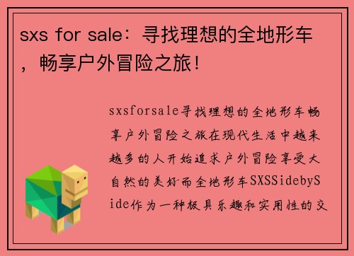 sxs for sale：寻找理想的全地形车，畅享户外冒险之旅！